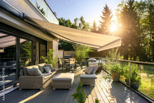 Sunny terrace with a retractable awning, stylish outdoor furniture, and plants.