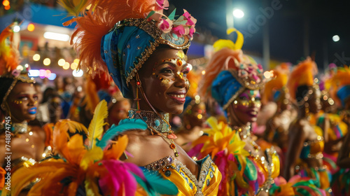 A radiant carnival participant in blue headgear grins, bringing life to the festive parade