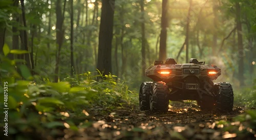 Unmanned ground vehicles (UGVs) scouting enemy lines, forest edge photo
