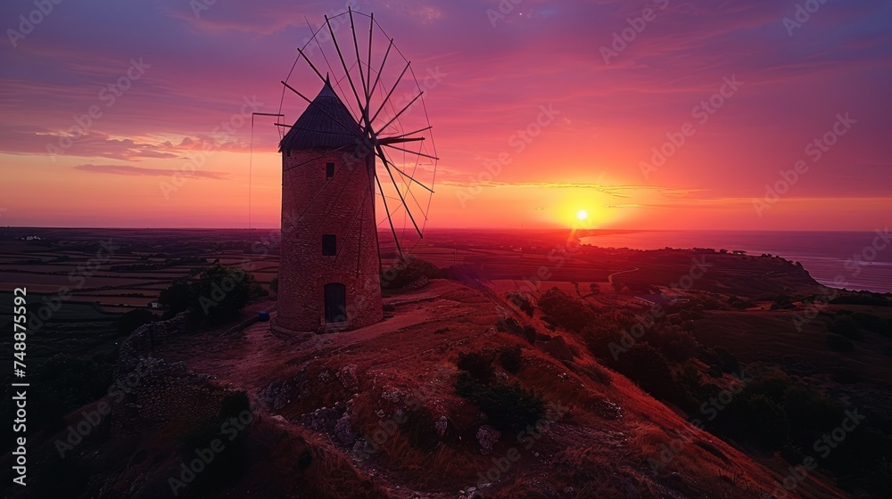 Sunset landscapes of Don Quixote windmills in Campo de Criptana.