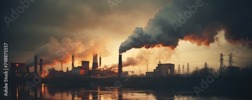 Smoke emanates from industrial plant exacerbating climate change and urban pollution. Concept Industrial Pollution, Climate Change, Urbanization Impacts, Environmental Concerns