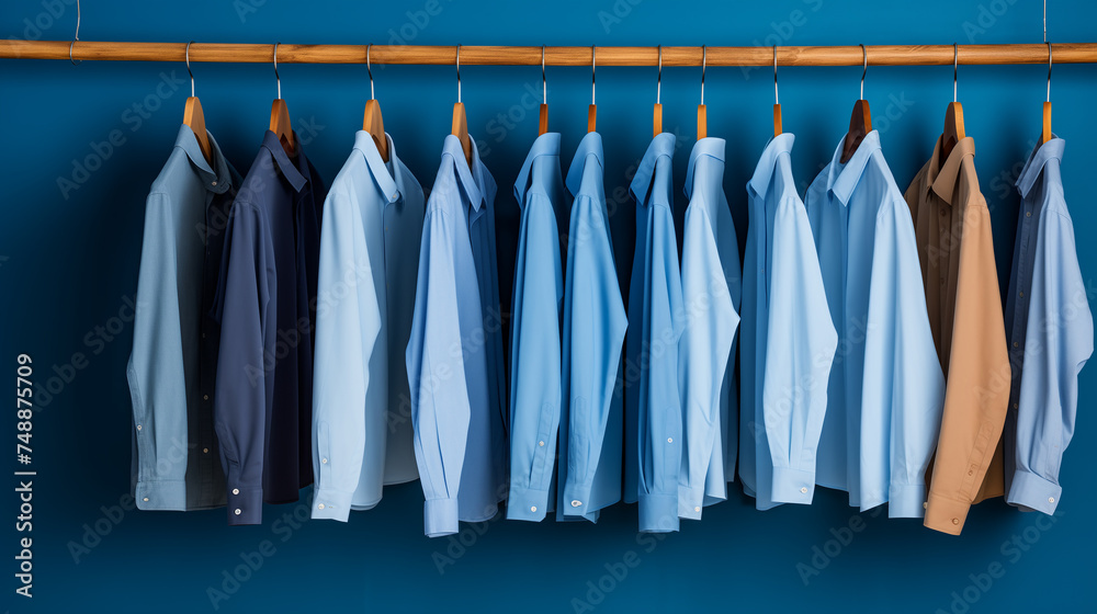 Assorted blue shirts hanging on wooden hangers, Ai generated image