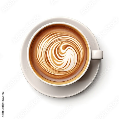 A cup of Hot coffee with creamy texture top view isolated on a white background