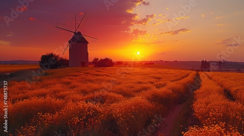 Sunset landscapes of Don Quixote windmills in Campo de Criptana. photo