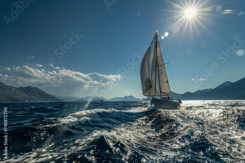 Sailing yacht on rough sea with sunny skies.