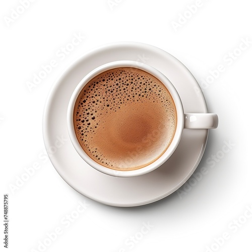 A cup of Hot coffee with creamy texture top view isolated on a white background