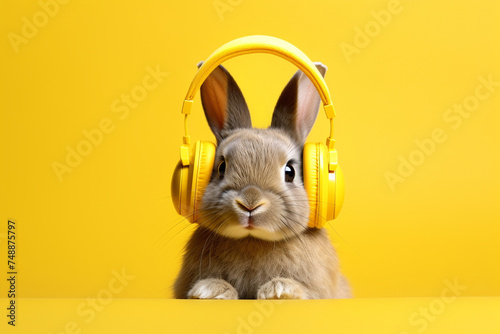 a rabbit, a rabbit with headphones listening to music, yellow background, a rabbit with earphones