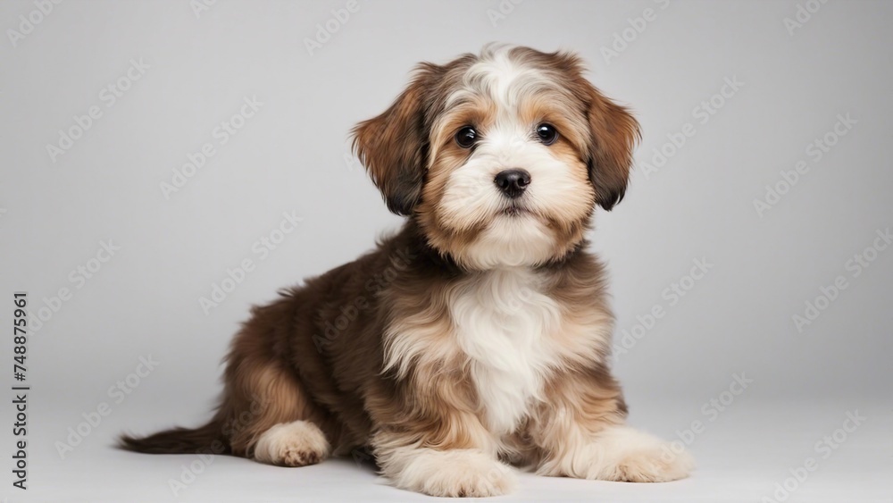 portrait of a puppy Beautiful happy reddish havanese puppy dog is sitting frontal and looking at camera,  