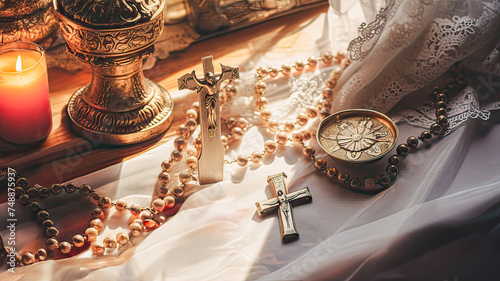Cultural fusion on a softly lit table, Christian artifacts, rosary, and symbolic elements.