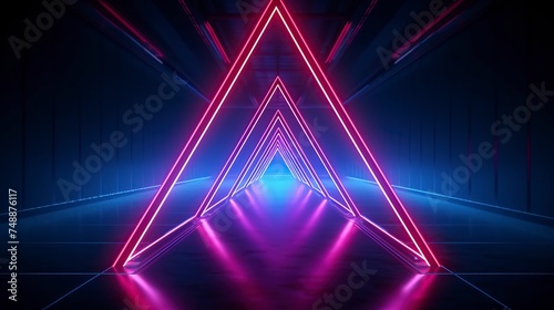 abstract neon background with ascending pink and blue glowing lines. Fantastic sci-fi corridor and wallpaper with colorful laser rays