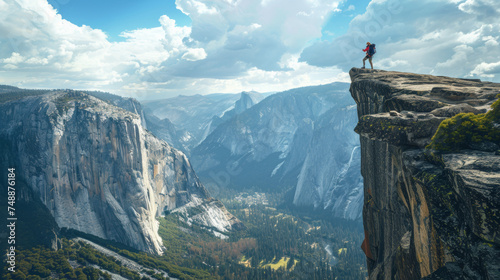 An adventurous hiker stands triumphantly on the edge of a cliff with a panoramic view of Yosemite Valley, embodying freedom and exploration