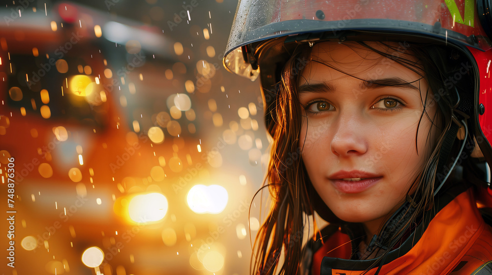 Young Female Firefighter Portrait, Rain and Firetruck Lights Young Female Firefighter Portrait, Rain and Firetruck Lights