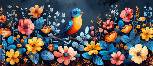 Spring hand drawn cartoon doodles illustration, leaves, birds, and spring symbols and decorative elements with Colorful flowers,generative ai
