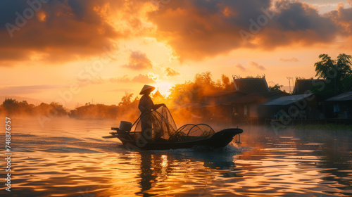 The silhouette of a fisherwoman, paddling her boat through misty waters as the rising sun lights up the sky