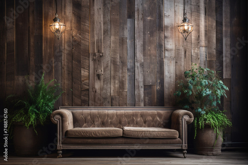 living room, beautiful, wooden interior, brown sofa