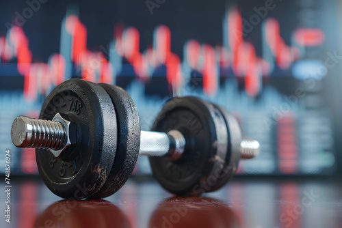 mental and physical exercise improves investment and trading performance, dumbbells on table. with stock market chart background