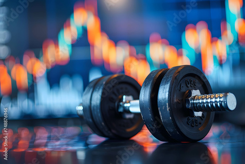 mental and physical exercise improves investment and trading performance, dumbbells on table. with stock market chart background
