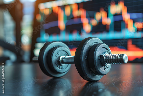 mental and physical exercise improves investment and trading performance, dumbbells on table. with stock market chart background