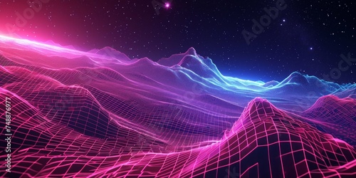 galaxy 80s synthwave styled landscape with blue grid wave
