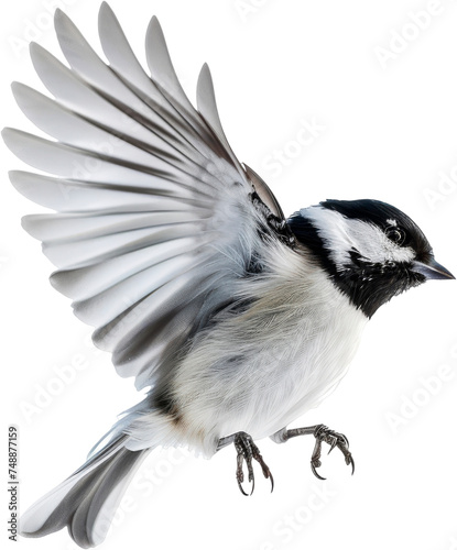 Black-Capped Chickadee in Flight Captured Against a Clean White Background © Viktoriia
