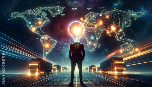 An imaginative portrayal of a figure with a light bulb head standing in front of a global network map with trucks in motion, symbolizing the fusion of logistics, technology, and creativity, and descri