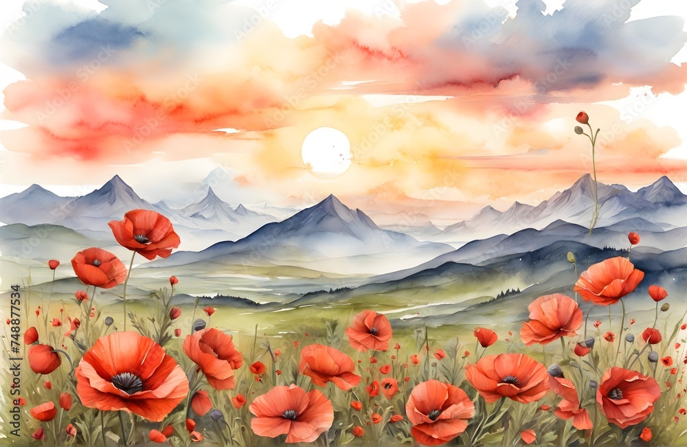 Watercolor painting of meadow with poppies and mountain