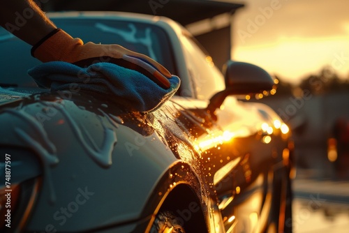 Auto detailing: worker polishing car with microfiber cloth at sunset. © ParinApril