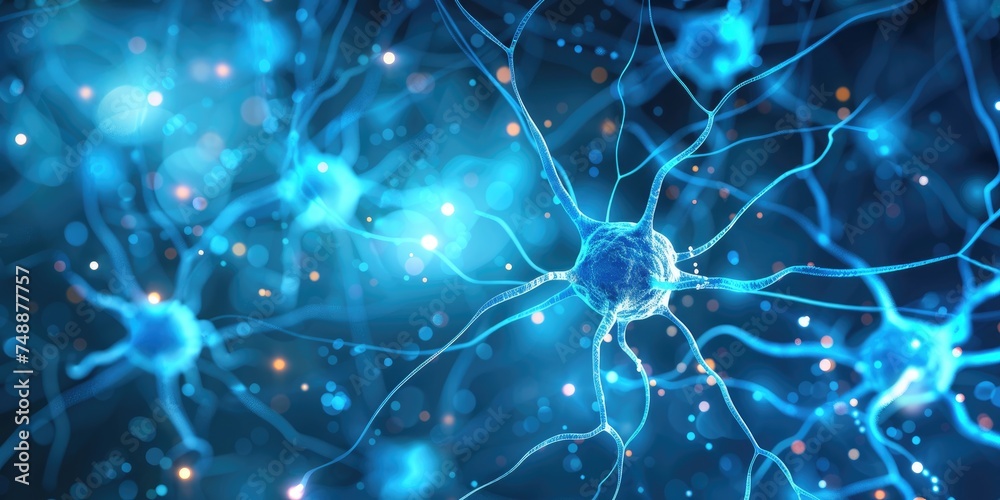 An illustration of a nerve cell neuron in the blue background. Generative Ai An illustration of a nerve cell neuron in the blue background. Generative Ai