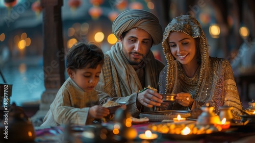 Photo of a Happy Muslim family eating iftar, Asian race, with a window background at night