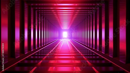 abstract neon background with ascending pink and blue glowing lines. Fantastic sci-fi corridor and wallpaper with colorful laser rays © fatin