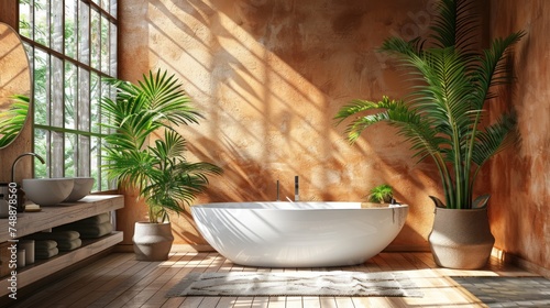 Beautiful luxury vintage empty bathtub near big window in bathroom interio, free space. Freestanding white bath near folding screen and palm tree.