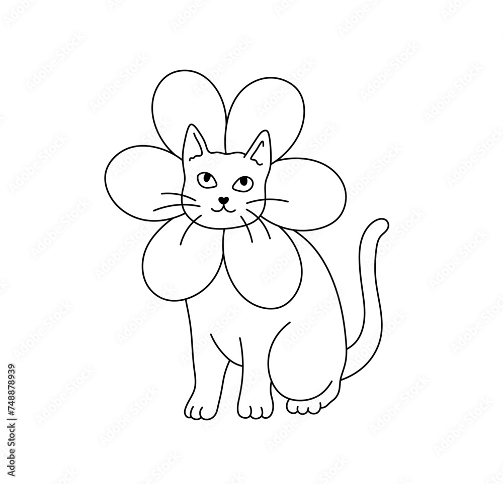 Vector isolated cute funny cat in flower costume colorless black and white contour line easy drawing Vector isolated cute funny cat in flower costume colorless black and white contour line easy drawing