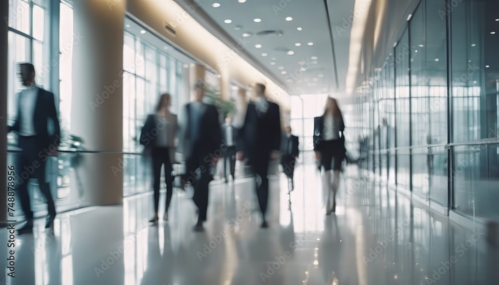 businesspeople walking in the corridor of an business center, pronounced motion blur