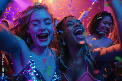 Young women celebrating and having fun at a party. Group of female friends with sparklers partying in nightclub. Generative AI