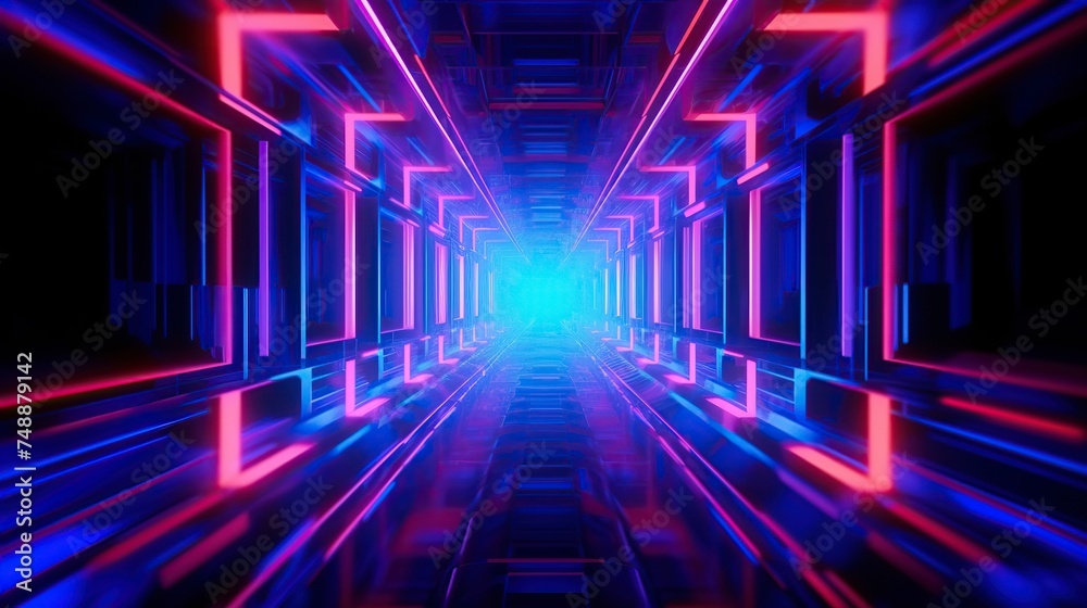 abstract neon background with ascending pink and blue glowing lines. Fantastic sci-fi corridor and wallpaper with colorful laser rays