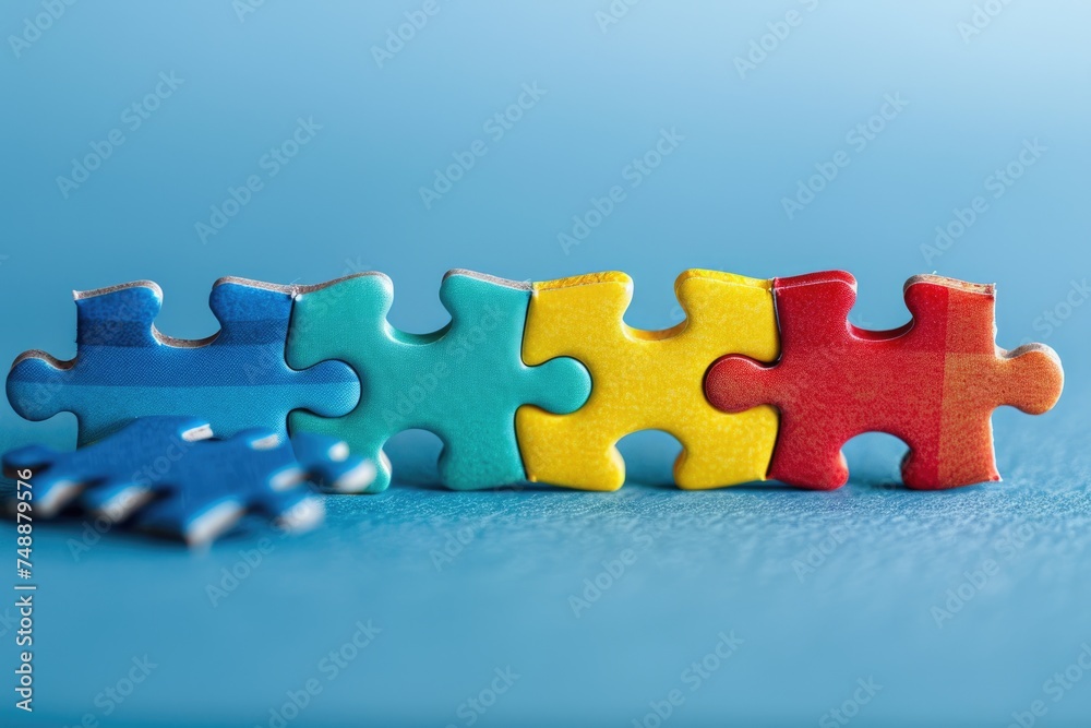 Fototapeta premium Pieces of a colorful puzzle on blue. ai generated