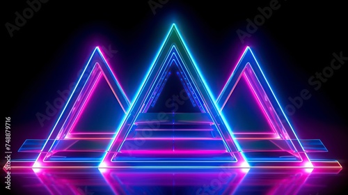 abstract neon background with ascending pink and blue glowing lines. Fantastic sci-fi corridor and wallpaper with colorful laser rays