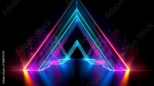 abstract neon background with ascending pink and blue glowing lines. Fantastic sci-fi corridor and wallpaper with colorful laser rays