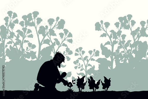 A man with a magnifier is looking for weeds. Vector drawing