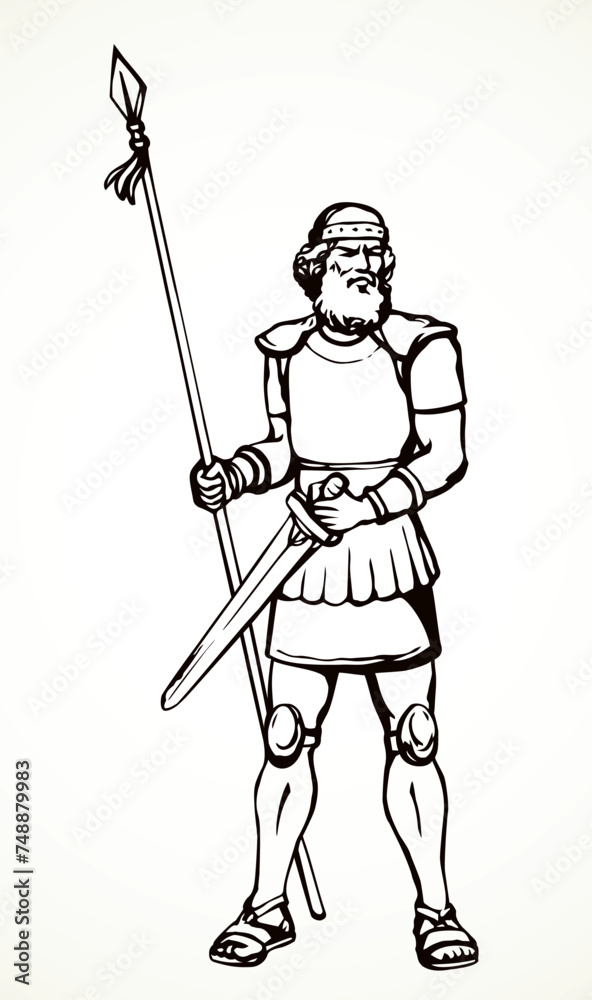 Knight with sword and spear. Vector drawing