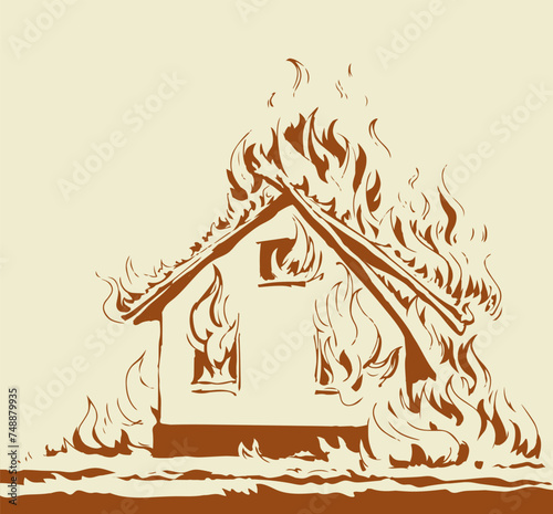 Burning house. Vector drawing sketch