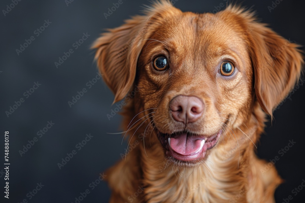 A close-up portrait of an affectionate golden retriever with a beaming, happy expression