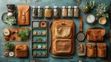 Travel organizer with different things on color background