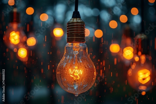 An atmospheric image of a vintage-style lightbulb glowing amidst raindrops at night, creating an aura of warmth and invention