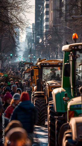 Des fermiers et tracteurs en train de manifester en ville au format portrait. photo