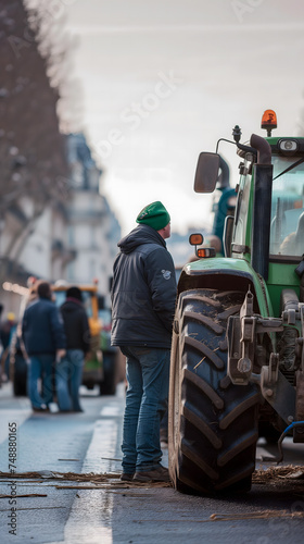 Des fermiers avec leurs tracteurs en train de manifester en ville au format portrait. photo