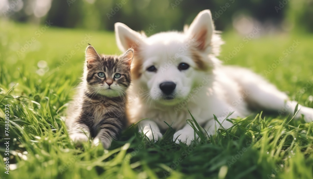 Cute dog and cat lying together on a green grass field nature in a spring sunny background