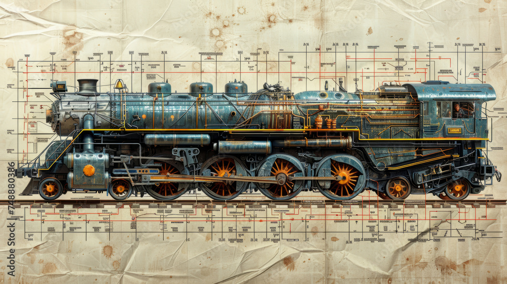 a construction blueprint in an exploded schematic style depicting instructions how to create the antique steam locomotive,generative ai