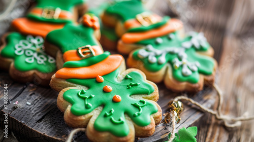 Festive St. Patrick's Day Themed Cookies. Hand-decorated cookies in green and orange with St. Patrick's Day motifs.