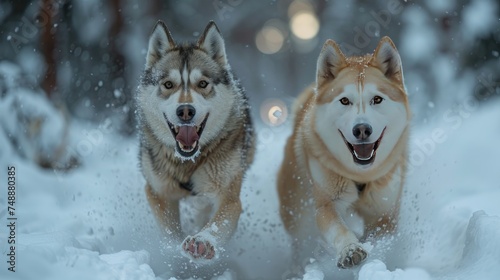 two alaskan husky running on snow in mushers women s race.